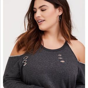 CHARCOAL GREY DISTRESSED COLD SHOULDER SWEATSHIRT Gently Worn